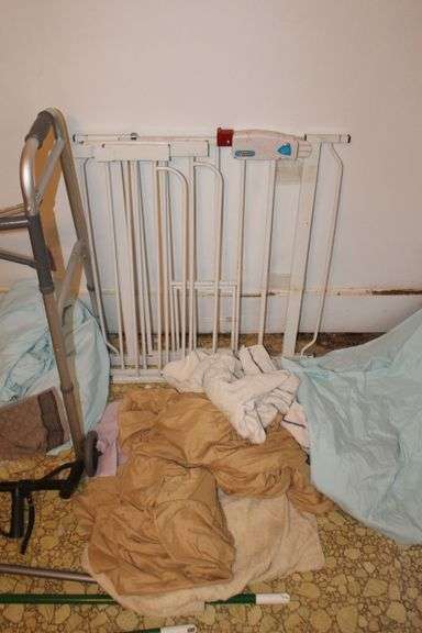 Step Stool, Walker, Brooms, Cane, Sheets, Door Gate, Towels, Plunger, and Misc.