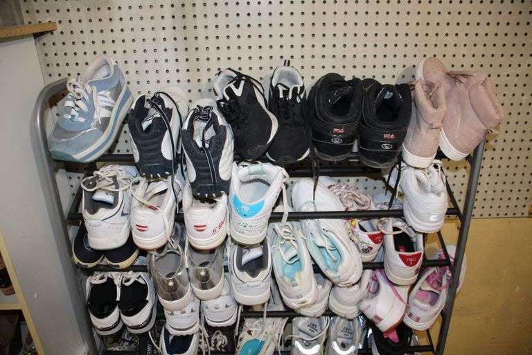 Womens Dress Shoes, Tennis Shoes, Boots, and Misc. Women's Shoes, and (2) Shoe Racks