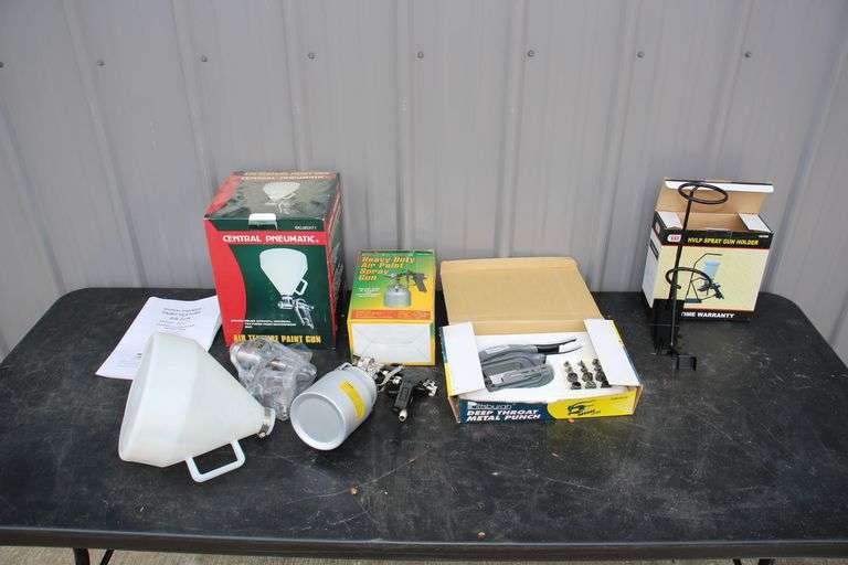 Pittsburgh Deep Throat Metal Punch Set, Illinois Industrial HVLP Spray Gun Holder, and Central Pneumatic Paint HD Air Paint Spray Gun image
