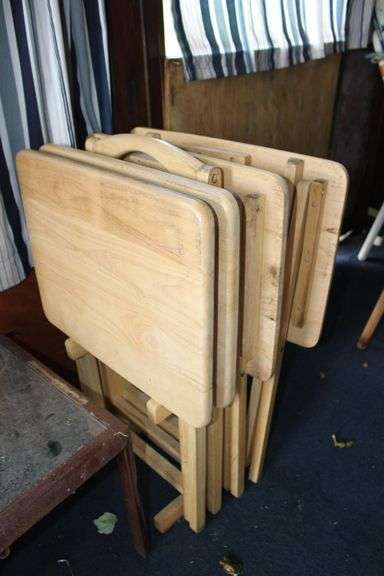 (4) TV Dinner Trays and Stand, Glass Top End Table, Step Stool, Metal Bottom Cushioned Stool, and Hanging Basket