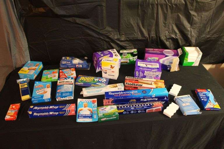 Reynolds Wrap, Swiffer Pads, Mr. Clean Magic Erasers, Pack Mate Vacu-Seal, Size Medium Rubber Gloves, and Misc. image