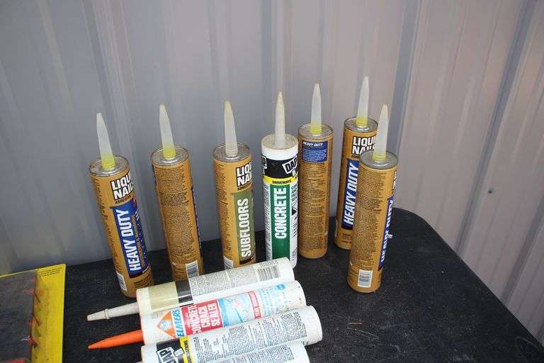 Caulk, Caulk Guns, Brushes, Taping Knives, Dust Pans, Sand Paper, Blades, and Misc.