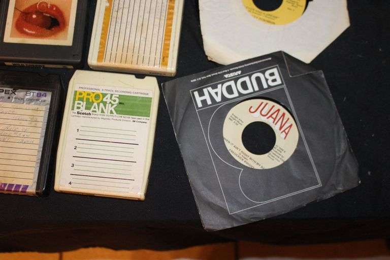 Misc. 8 Track Tapes, 45 Records, and Cassette Tape Case