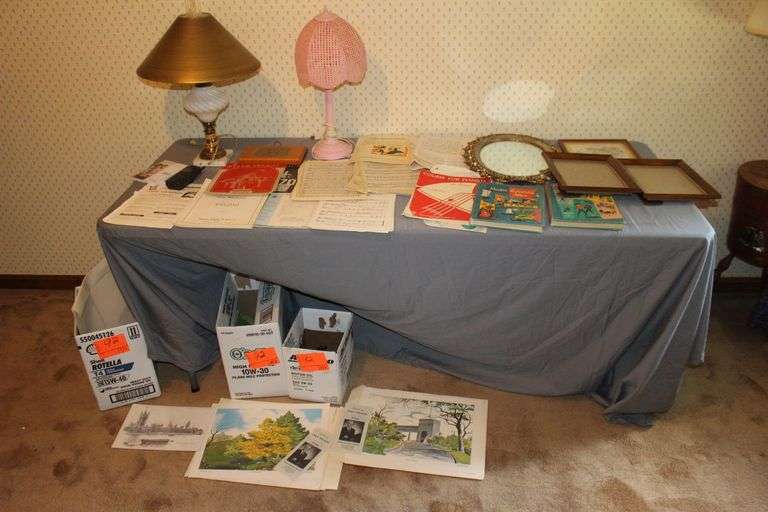 Desk Lamp with Globe and Shade, Pink Desk Lamp, Piano Sheet Music and Books, Various Sized Picture Frames, Nokia Phones and Chargers, Horse Plaque, and Misc. image