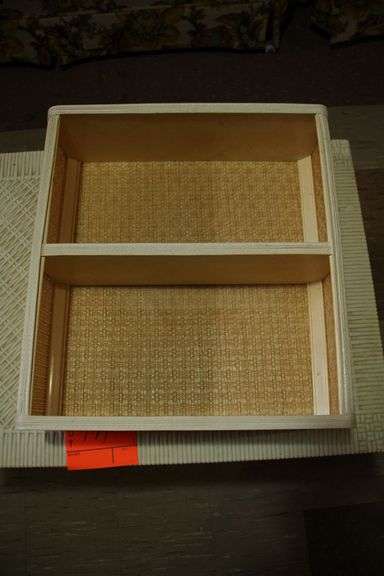 Wicker Coffee Table, Folding Shoe Rack, 4 Drawer Plastic Container, 2 Tier Rack, 4 Tier Rack, and 7 Drawer Cart on Wheels
