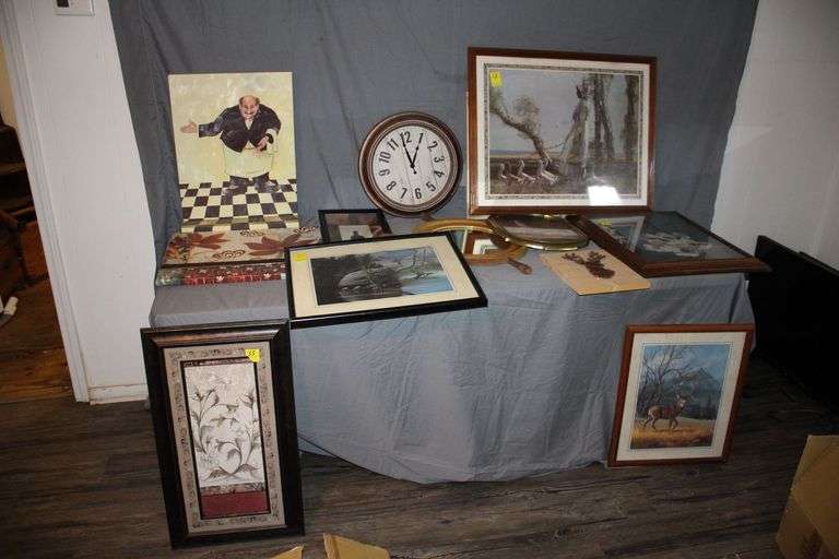 Ship Wheel Clock, Framed Pictures, Clock, and Misc. Wall Hangings