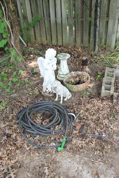 Concrete Angel Statue, (2) Concrete Bird Bath Bases, Plastic Dog, Concrete Bowl, and Water Hose image