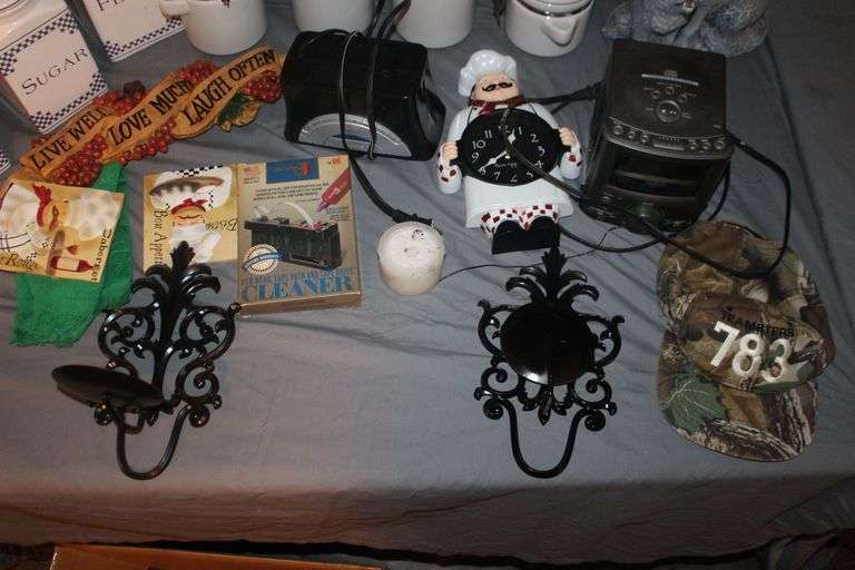 (4) Canisters with Sealing Lids, (4) Decorative Canisters, Wolf Statue, Alarm Clock, Wall Decorations, Tape Cleaner, and Misc.