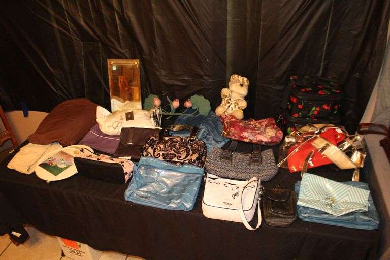 Lawn Food and Drink Table, Coach Purse, Guess Purse, Handbags, Toiletry Bags, Towels, and Misc.