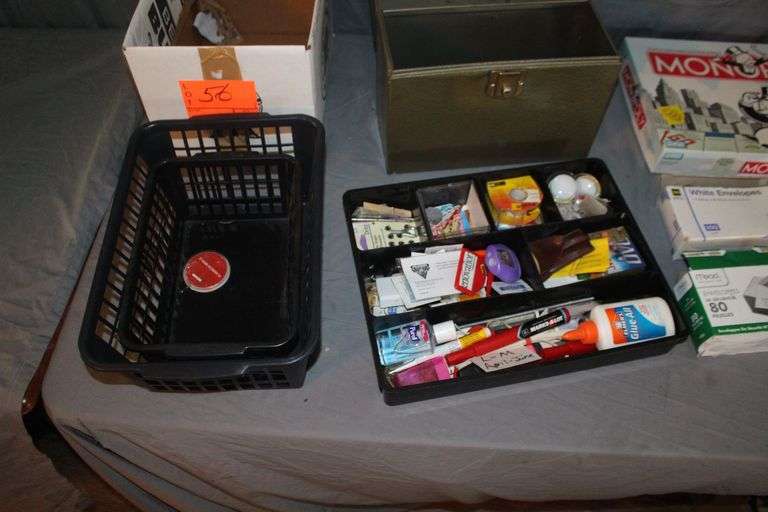 Metal Box, Monopoly Board Game, Extension Cords, Envelopes, (2) Plastic Baskets, Paint Roller, Office Supplies, and Misc.