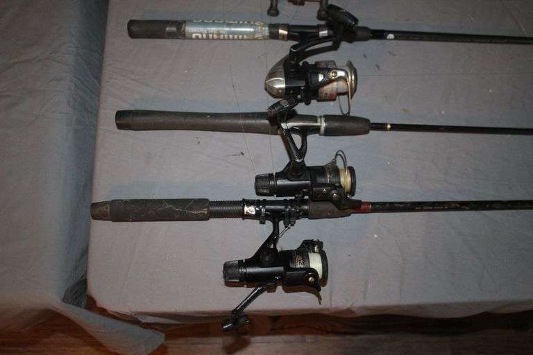 Garcia 5500 Rod and Reel, (3) Shimano Rods and Reels, and (2) Fishing Rods