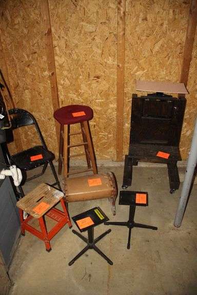 Barstool, (2) Stool Frames, Step Stool, Folding Chair, and Wooden Seat on Wheels image