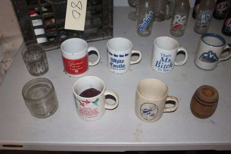 Glass Soda Bottles, 1993 Derby Glass, Coffee Mugs, Power Strip, Milk Crate, and Misc.