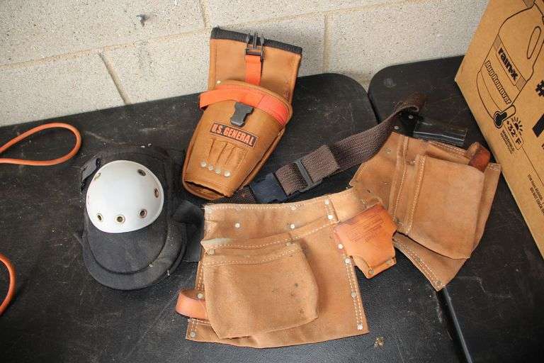 Box of Ear Plugs, Shop Light, Knee Pads, Tool Belts, and Downspout Strainer