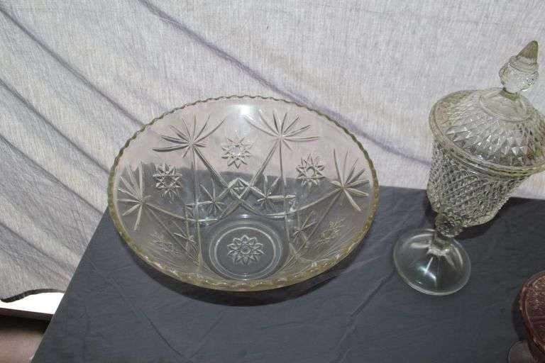 Pink Depression Candy Dish, Cake Stand, Candy Dishes, Glass Punch Bowl, Bells, and Misc. Glassware