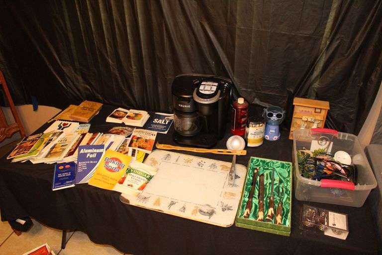 Keurig Coffee Maker, Stainless Knife Set, Cook Books, Glass Cutting Board, Back Scratcher, Shower Hooks, and Misc.