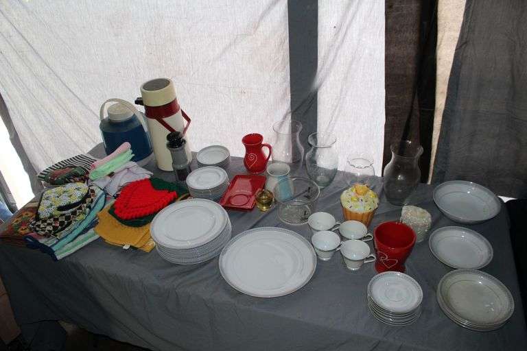 Glass Vases, Hot Plates, Hand Towels, Cookie Jar, Percolator, Bristol Cups, Plates, Saucers, Bowls, and Misc.