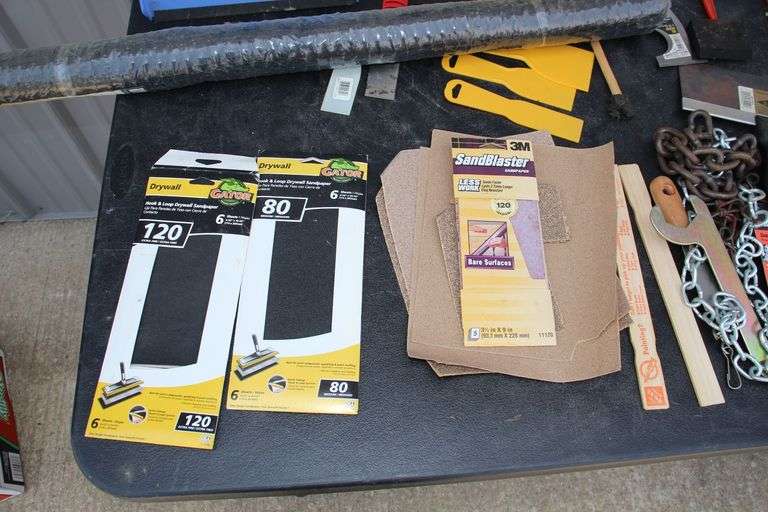Caulk, Caulk Guns, Brushes, Taping Knives, Dust Pans, Sand Paper, Blades, and Misc.