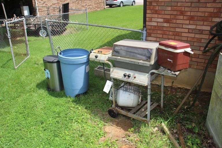 Sunbeam Grill, Rubbermaid Trash Can, Gott Cooler, and Simply 10.5 Gallon Metal Trash Can image