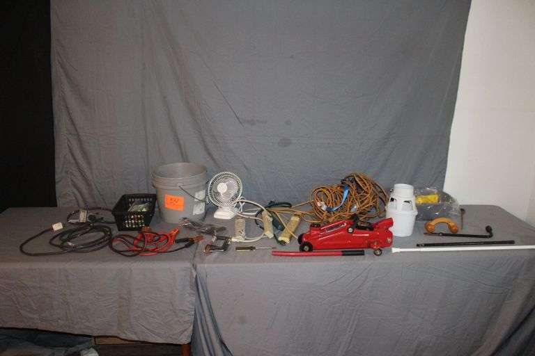 (4) Power Strips, Pittsburgh 2 Ton Jack, Jumper Cables, Electrical Cords, Fan, C-Clamp, Zip Ties, Tire Tool, and Misc. image