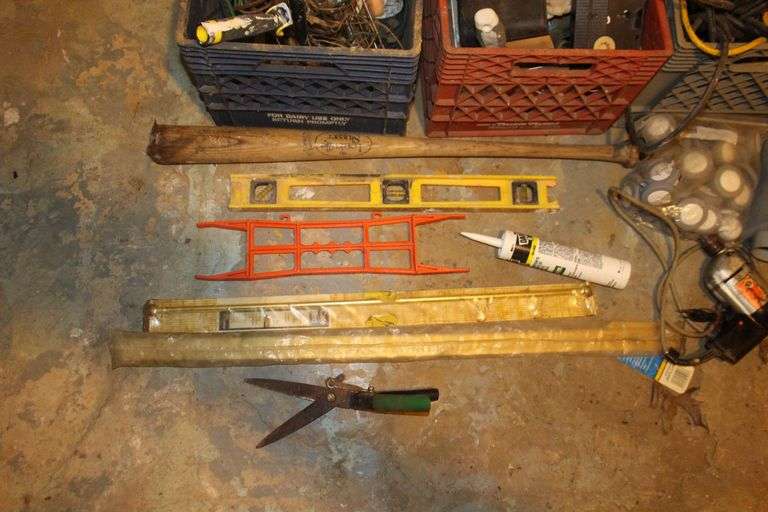Wooden Baseball Bat, Curtain Rods, Crowbar, Electric Wire, Black and Decker Drill, and Misc.