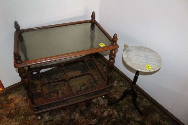 Marble Top Plant Stand and Glass Top Bar Cart image