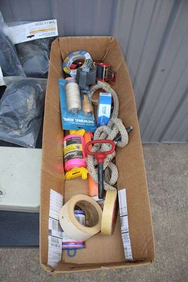 Oil Cans, Tape, Wire Wrap, Muffs, Boxes, Chalk Line Set, Door Handles, Funnel, and Misc.