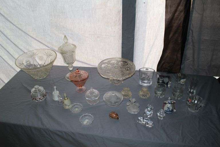 Pink Depression Candy Dish, Cake Stand, Candy Dishes, Glass Punch Bowl, Bells, and Misc. Glassware