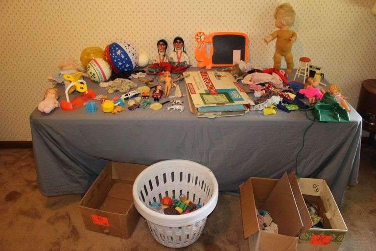 Ideal Doll, Dolls and Doll Clothes, Monopoly, Long Shot Putter Game, Puppets, Laundry Baskets, Farm Animal Toys, Toy Cars, Fisher Price Spinner, and Misc. image