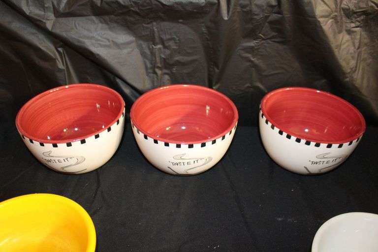 Tabletop Gallery Bowls, Zak Bowls, (2) Fire King Bowls, Glass Mugs, Condiment Bowls, Glasses, and Misc.