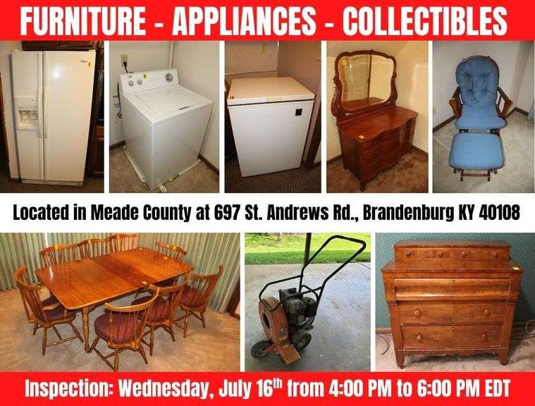 FURNITURE - APPLIANCES - COLLECTIBLES - ONLINE BIDDING ONLY ENDS TUES., JULY 22ND @ 6:00 PM EDT image
