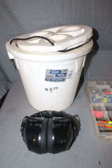 (2) Minnow Buckets, Zebco Omega Reel, PFlueger Reel, Ear Muffs, Bobbers, and Misc. Fishing Tackle