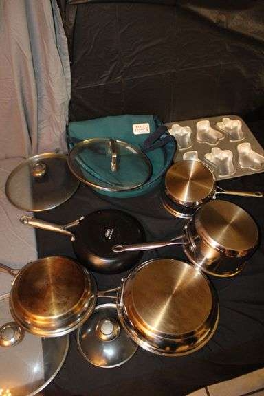 Farberware Skillets, Cuisinart Stainless Pots with Lids, Baking Pans, Metal Strainer, and Pyrex Baking Dish Carrier