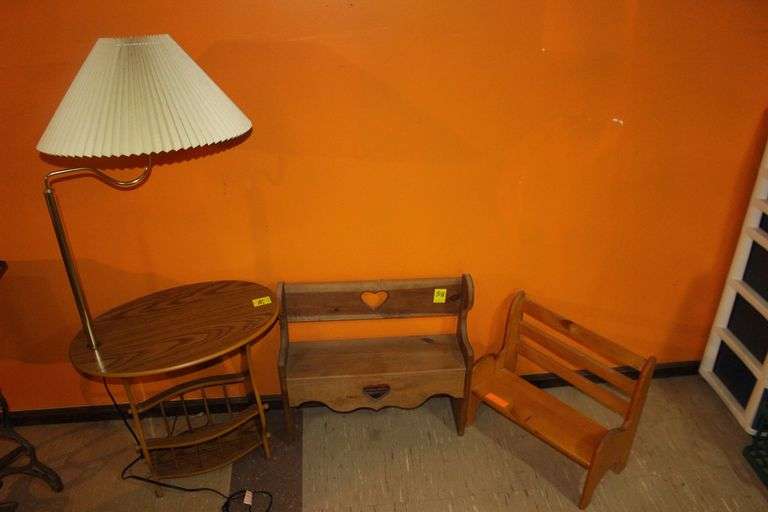 Oval Magazine Rack Lamp Table and (2) Small Wooden Benches