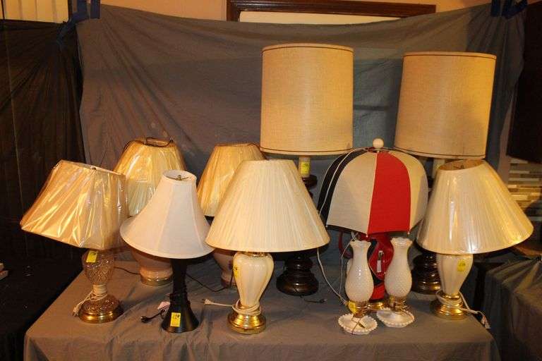 (2) White Lamps with Globes, (6) Lamps, (2) Wooden Base Lamps, and Golf Bag Lamp