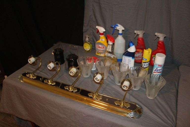 Vanity Light with (5) Globes, (2) Lanterns, Carpet Cleaner, and Misc. Cleaning Supplies image