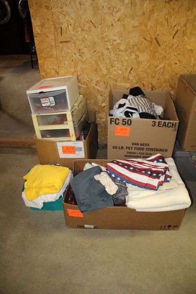 Belts, Blankets, Fabric, 2 Drawer Plastic Container, Sterilite Single Drawer Container, Wash Cloths, and Misc.