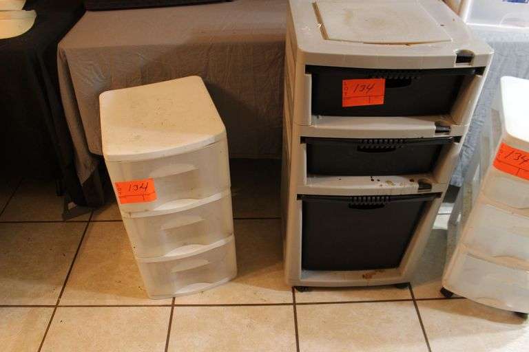 4 Piece Sterilite Plastic Containers, 3 Drawer Plastic Container, 3 Drawer Sun-cast Plastic Container, (2) Waste Baskets, 4 Drawer Plastic Container on Wheels, 3 Drawer Sterilite Storage Chest, and 3 Section Cubby Rack