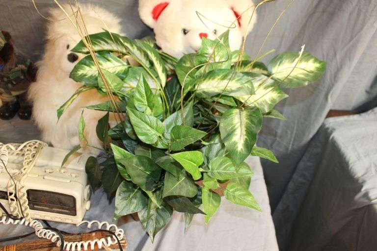 Sears Typewriter, Bear Stuffed Animals, Cat Figurine, Artificial Flowers and Flower Pot, Febreze Air Freshener, and Misc.