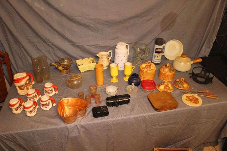 Santa Claus Mugs, Candy Dish, Glass Pitcher, Fondue Pot, Cake Mold, Candle Holders, Peculator, Canisters, and Misc.