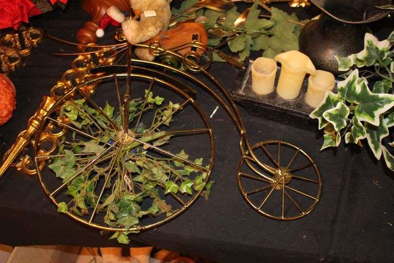 Wooden Coat Rack, Plant Stand, Bicycle Decoration, 3 Tier Wooden Serving Tray, Stuffed Bears, Broom, Elephant Decorations, and Misc. Decorations