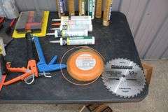 Caulk, Caulk Guns, Brushes, Taping Knives, Dust Pans, Sand Paper, Blades, and Misc.