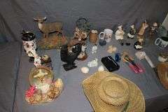 Grape Cookie Jar, Cast Iron Chicken, Deer Statue, Glass Display Frame, Vase, Figurines, and Misc.