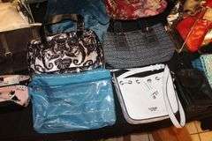 Lawn Food and Drink Table, Coach Purse, Guess Purse, Handbags, Toiletry Bags, Towels, and Misc.