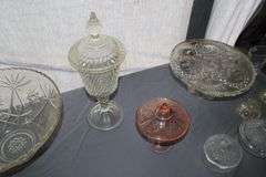 Pink Depression Candy Dish, Cake Stand, Candy Dishes, Glass Punch Bowl, Bells, and Misc. Glassware