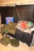 New York Giants Clothes Hamper, US Army Bag, US Army Size Medium Jacket, Army Bags and Fanny Pack, Tent Blankets, Fabric, and Misc.