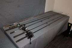 Garcia 5500 Rod and Reel, (3) Shimano Rods and Reels, and (2) Fishing Rods