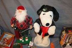 Christmas Wrapping Paper, Rubbermaid Slimfit Wheeled Underbed Box, Stuffed Snoopy, Santa Figurine, Stuffed Decorations, Gift Bags, Holiday Bowls, Angel Figurines, and Misc. Decorations