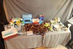 Door Beads, Frog Decorations, Plastic Toolbox, Step Stool, Vases, Pitcher, Lined Wicker Basket, Cleaning Supplies, and Misc.