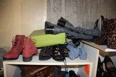 Womens Dress Shoes, Boots, and Misc. Women's Shoes, and (4) Wooden Cabinets